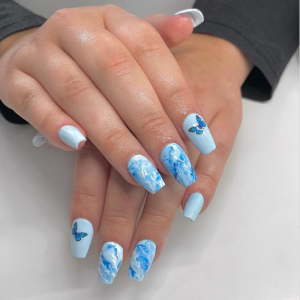 Light Blue Nails With Butterflies