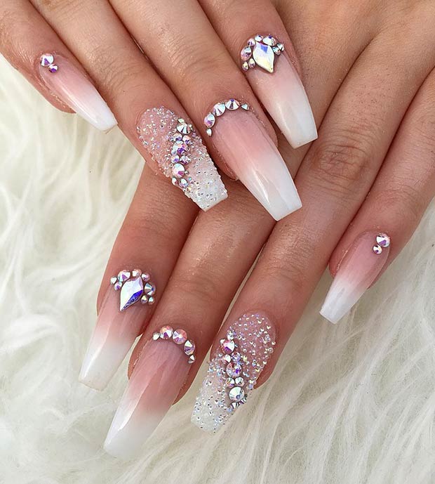 Nails in Pink Ombre with Diamonds