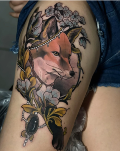 Neo Traditional Fox Tattoo on Thigh