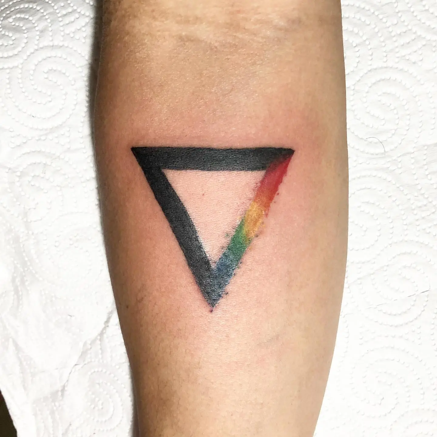 Rainbow colored triangle tattoo